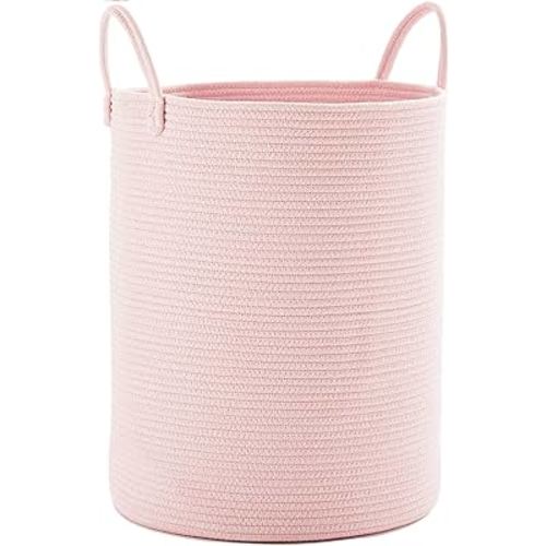 60L Large Pink Laundry Hamper Basket for Grils Baby Nursery, 15Dx20H inches Tall Toddler Clothes Hamper, Woven Rope Hamper Laundry Basket