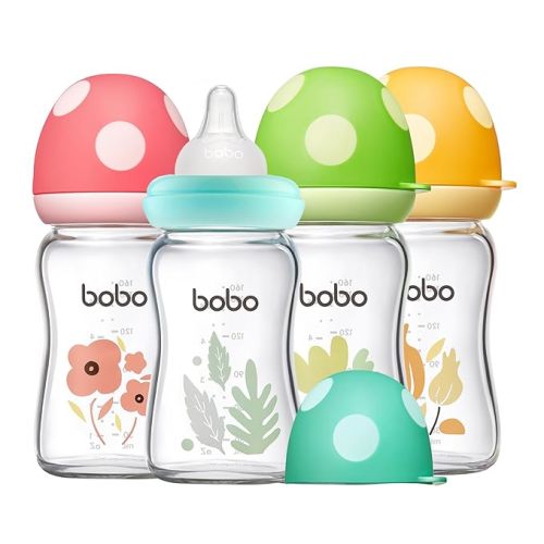 YOHKOH Biberón de vidrio natural con pezón de respuesta natural, biberones anticólicos para recién nacidos, biberón con tapa de hongo de cuello ancho, transparente (multicolor1, 5.4 onzas (paquete de