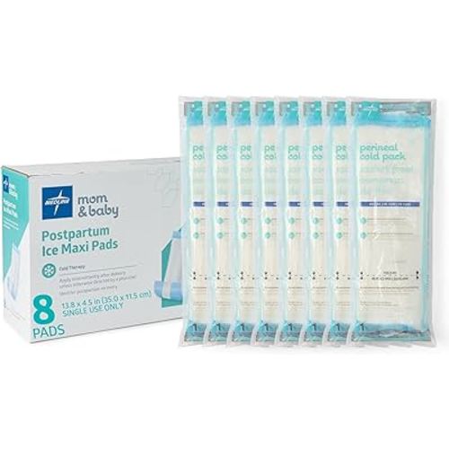 Medline 2-in-1 Absorbent Perineal Pad and Instant Cold Ice Packs for Postpartum Care (8 Count). Ready-to-use Essential for After Delivery, Maternity, Postpartum Care