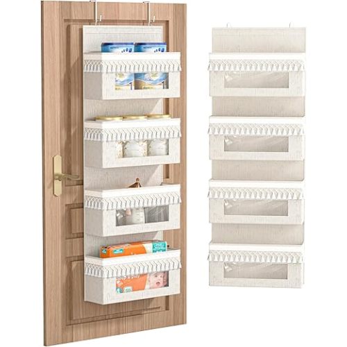 Aokeyee 4 Tier Over The Door Organizer Storage Nursery, Boho Door Organizer Hanging with Tassels and Clear Window, 55lb Behind The Door Storage for Baby Nursery, Bedroom, Bathroom, Laundry, Pantry