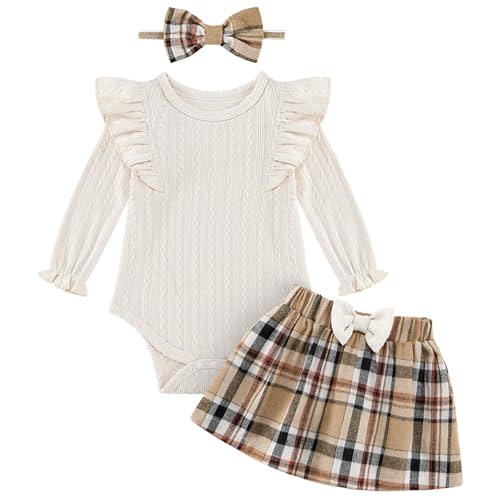 Weixinbuy Baby Girl Fall Skirt Outfits Toddler Long Sleeve Romper Plaid Skirt with Headband Newborn Infant 0-18M Clothes Set