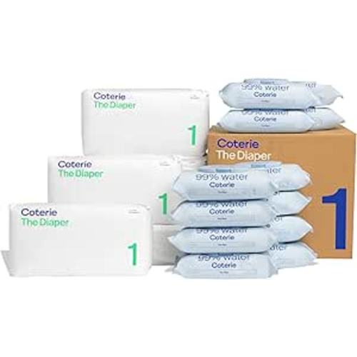 Coterie Baby Wipes + Diapers Kit, Size 1 Diapers (198 Count) & 12 Pack (672 Count) Baby Wipes with 99% Water, Plant Based Materials, Hypoallergenic for Sensitive Skin