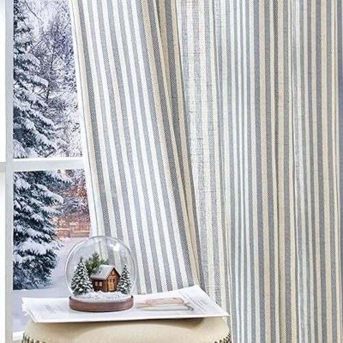 jinchan Linen Curtains for Living Room Blue on Beige Striped Curtains for Bedroom Ticking Stripe Pattern Light Filtering Cottage Core Farmhouse Rustic Grommet Window Treatment 90 inches Long 2 Panels