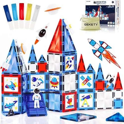 Magnetic Tiles - 58 Pcs Space Magnets Building Blocks Set - Sensory Travel Toys for Toddler - STEM Construction Playboards Stacking Toy - DIY Window Art - Birthday Gifts for Boy, Girl, Kids Ages 3-12