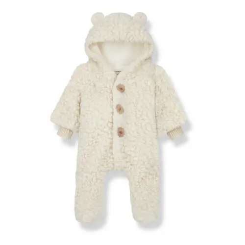 Liam Cotton Wool Fur Hooded Jumpsuit | Ecru
