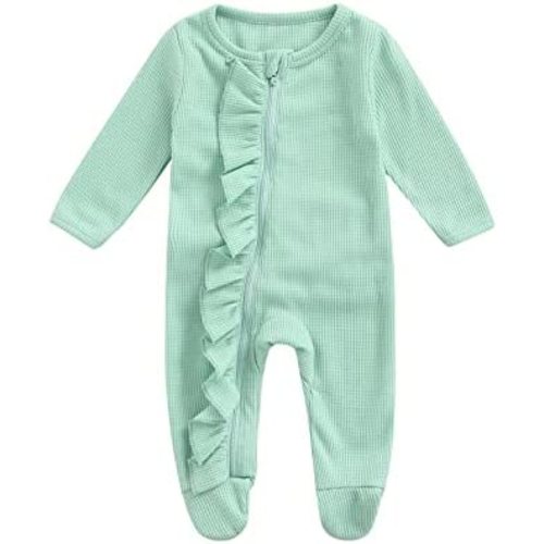 Newborn Baby Girl Footie Waffle Knit Romper Zippers Ruffle Jumpsuit Fall Winter Clothes