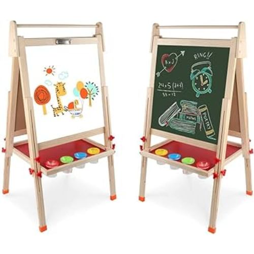 Kids Wooden Art Easel Double-Sided Whiteboard and Chalkboard Adjustable Standing Easel with Paper Roll Holder,Letters and Numbers Magnets and Other Accessories Gift for Kids Toddlers Boys and Girls