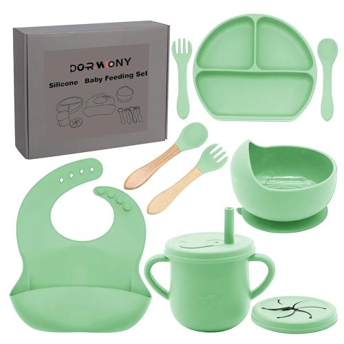 100% Silicone Baby Feeding Set,BPA Free Baby Dishes Set with Suction Bowl Divided Plate,Toddler Self Feeding Dish Set with Spoons Forks Sippy Cup and Bib, Baby Eating Utensils (Neon Green)