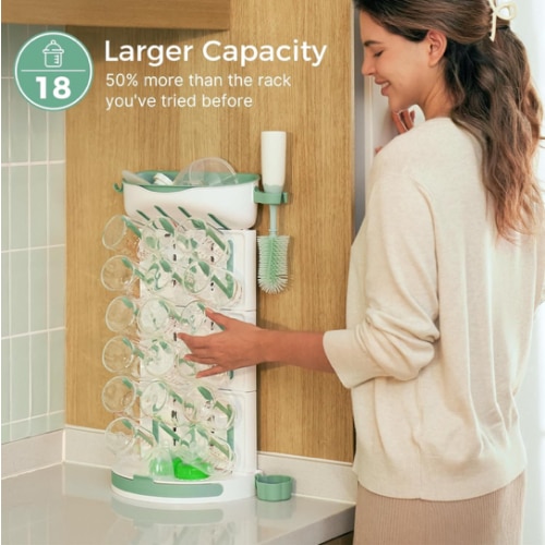 Momcozy DIY Larger Bottle Drying Rack for 18 Bottles, Space Saving Countertop Vertical Rack with Brushes Holder, Detachable Travel Bottle Rack for Baby Accessories & Pump Parts