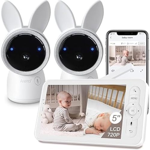 ARENTI Baby Monitor 2 Cameras, 2K Video Baby Camera with 5-Inch Upgraded Wireless Display, Super Night Vision, Lullabies, Cry & Motion Detection, Temp & Humidity Sensor, Two Way Audio