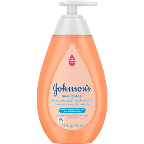 Johnson's Baby Head-To-Toe Wash & Shampoo, Tear-Free, Moisturizing Body Wash, Newborn Essentials, Baby Wash and Shampoo, No added Parabens, Sulfates and Dyes, 13.6 fl. oz