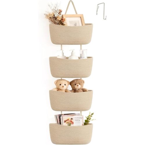 Dahey Over The Door Hanging Basket 4-Tier Woven Boho Wall Mounted Storage Organizer with Hooks for Bedroom Nursery Bathroom Apartments Dorm Pantry Decor, Jute