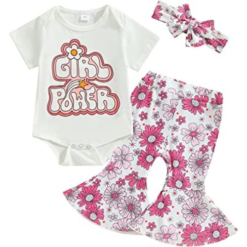 Infant Baby Girl Spring Summer Outfits Girl Power Romper Short Sleeve Bodysuit Floral Flare Pants Headband 3Pcs