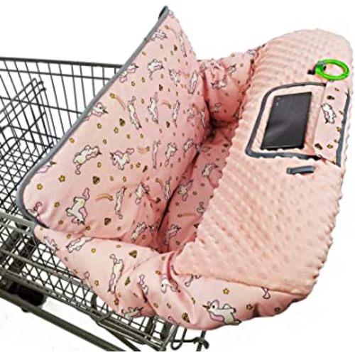 shopping cart cover for babies-high chair cover, dotted minky touching, multi in 1 design, 360 full protection, roll in and go, universal fit, Pink unicorns