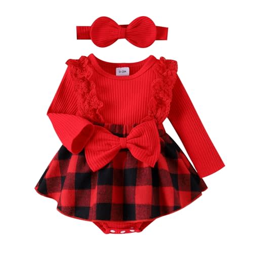 KAFIREN Baby Girl Clothes Fall Winter Outfit Plaid Romper Long Sleeve Dress Lace Ruffles Bodysuit with Bow Headband