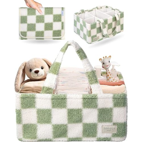 Checkered Diaper Caddy Organizer with Portable Changing Mat - Teddy Fleece Diaper Organizer for Changing Table - Caddy Organizer with Removable Dividers - Green and White