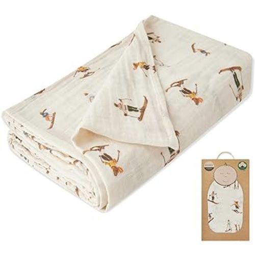 Milkbarn Cozy Wrap Swaddle Blankets - Organic Cotton Baby Receiving Blankets Gentle for Unisex Newborn Infant, Ideal for Toddler Registry, Natural Vintage Ski