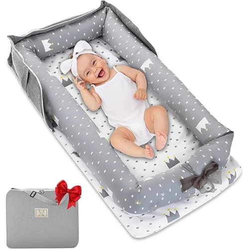Baby Lounger for Newborn 0-24 Months, Baby Nest Cover Breathable and Soft Cotton, Infant Lounger with U-Shaped Safety Bumper for Cozy Comfort Baby Essentials (Crown Grey)