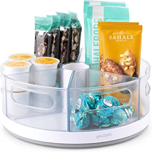 YouCopia Crazy Susan Lazy Susan Organizer, 6 BPA-Free Removable Clear Bins with Handles, Rotating Storage Turntable for Kitchen Cabinet, Pantry and Bathroom Organization,White