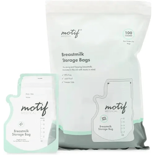 Motif Medical, Milk Storage Bags, 6 oz Milk Freezer Bag with Easy Pour Spout, BPA Free, Write-On Label - 100 Count