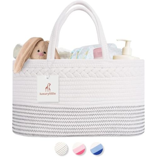 luxury little Diaper Caddy Organizer, Extra Large Cotton Rope Nursery Basket, Changing Table Organizer for Baby Diaper Storage, Portable Car Organizer with Removable Divider, Baby Shower Gifts