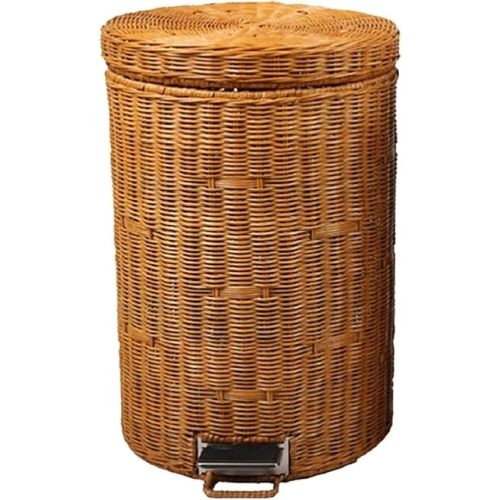 CUTMKGK Rattan Round Foot Pedal Trash Can with Lid,Kitchen Wicker Garbage Can Bedroom Retro Office Silent Handwoven Wastebasket(Brown,12L)