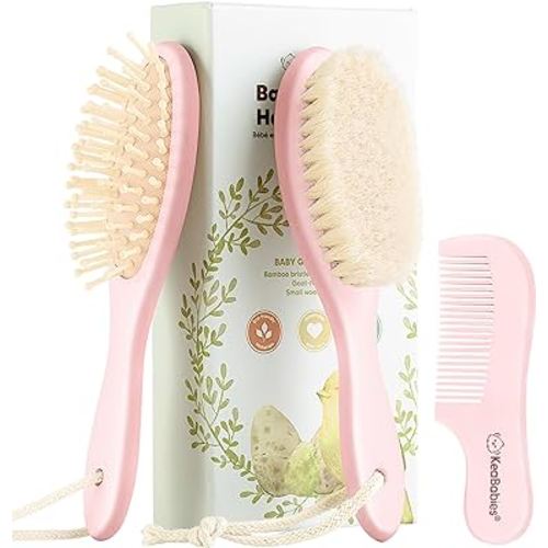 Baby Hair Brush and Comb Set for Newborn - Wooden Baby Hair Brush Set with Soft Goat Bristle, Baby Brush Set for Newborns, Baby Brush and Comb Set Girl, Boy, Toddler Cradle Cap Brush (Oval, Blush)