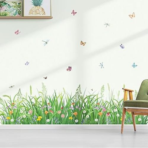decalmile Green Plant Grass Flowers Wall Corner Decals Butterflies Floral Baseboard Skirting Line Wall Stickers Baby Nursery Living Room Bedroom Wall Decor