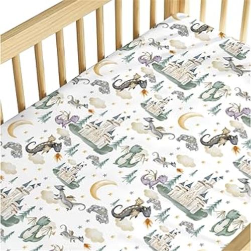 Baby Boy Girl Standard Crib Sheet Covers Dragon Tale Castle, Watercolor Green Moon Cloud Star Tree Snug Fitted Toddler Mattress Sheet, Soft Stretchy Breathable Kid Nursery Bed Decor Gift 52x28