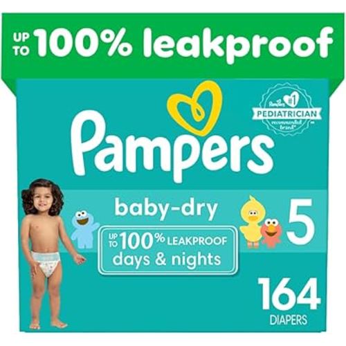 Pampers Baby Dry Diapers - Size 5, One Month Supply (164 Count), Absorbent Disposable Diapers