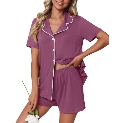 Ekouaer Pajamas Set for Women 2 Piece Pjs Short Sleeve Sleepwear Button Down Lounge Shorts Sets S-XXL