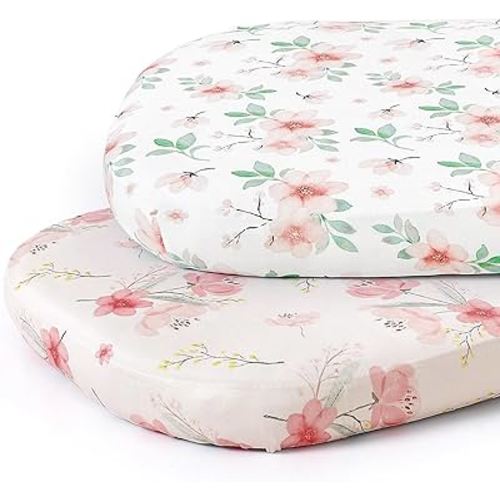 Stretch Fitted Bassinet Sheet Set BROLEX 2 Pack Cradle Sheets for Bassinet Pad/Mattress,Unisex Boys Girls,Ultra Soft,Pink Blossom