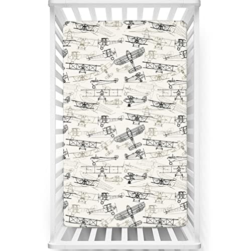 Airplane Themed Fitted Crib Sheet,Standard Crib Mattress Fitted Sheet Soft & Stretchy Fitted Crib Sheet-Baby Sheet for Boys Girls, 28“ x52“,Olive Green Tan Charcoal Grey
