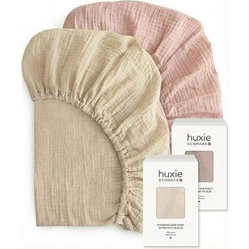 Crib Sheets – Organic Cotton Muslin Fitted Crib Sheet – Standard Size for Baby Boy and Baby Girl 28" x 52" Ultra-Soft and Breathable- 2-Pack (Fog/Blush)