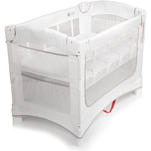 Arm’s Reach Ideal Ezee 3 in 1 Co-Sleeper Folding Bedside Bassinet and Play Yard Featuring Breathable Mesh Sides with Side Pockets for Storage and 4-Inch Sleeping Nest, White
