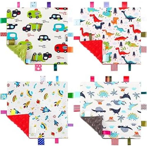 Breling 4 Pcs Baby Tags Security Blankets for Baby Comfort with Colorful Tags Soothing Towel Animal Bed Blanket, 9.5 x 9.5 Inch (Adorable Patterns)