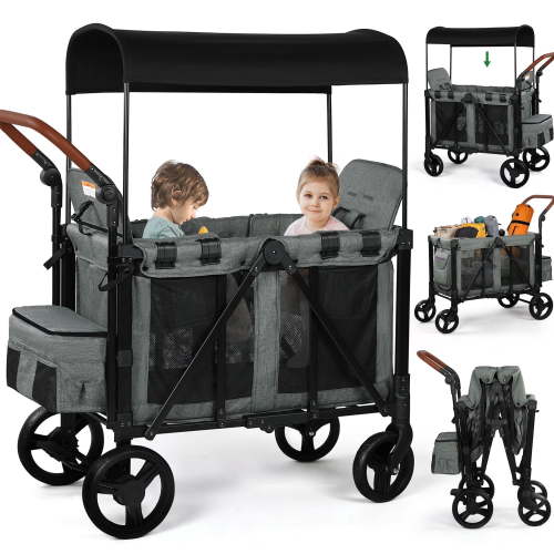 Vomeast Wagon Stroller for 2 Kids, 3-in-1 Outdoor Baby Stroller Wagon with Canopy, 5-Point Harness, Adjustable Handlebars, Removable Seat for Toddlers, Grey