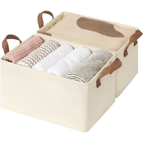 StorageWorks Storage Bins, Shelves Baskets for Organizing, Fabric Closet Organizers with Handles, Metal Frame, Beige-Texture, 2-Pack