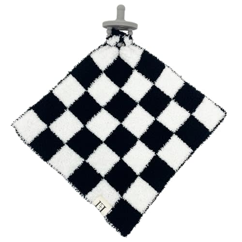 Checkered Baby Lovey Pacifier Holder 10"x10" - Cuddly Soft Knitted Soothie Reversible Mini Comfort Security Blanket - Snuggle Newborn Gift Essential for Babies Boys and Girls (Black/White)