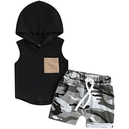 BemeyourBBs Toddler Baby Boy Summer Outfit Hooded Top with Pocket and Elastic Waist Shorts Set Infant Boy Clothes