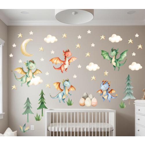 Dragon wall decal, baby dragon nursery, dragon boys room decal, fairy tale dragons, baby dragon wall stickers, cute dragon decor - 266