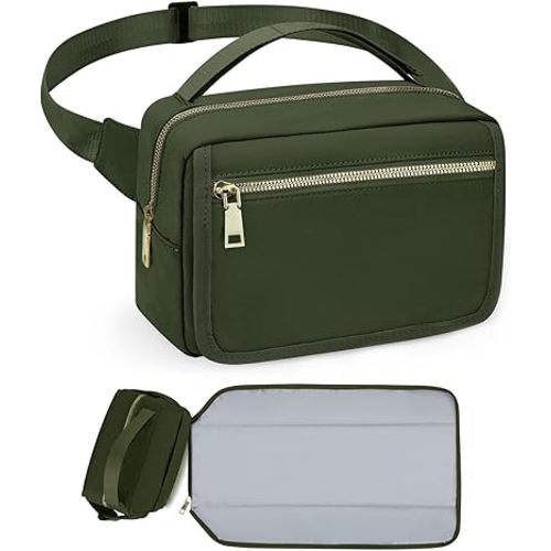printe Small Diaper Bag with Portable Changing Pad, Crossbody Diaper Bag Pack with Wipes Pocket, Women Waist Bag for Travel (Olive Green, Large)