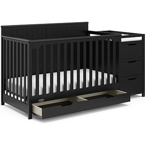 Graco Hadley 5-in-1 Convertible Crib and Changer with Drawer (Black) – GREENGUARD Gold Certified, Crib and Changing Table Combo with Drawer, includes Baby Changing Pad, Converts to Full-Size Bed