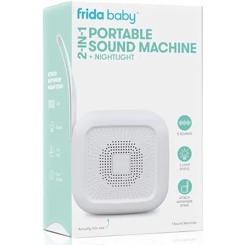 Frida Baby 2-in-1 Portable Sound Machine for Baby + Nightlight, White Noise Sound Machine for Baby with 5 Soothing Sounds & 3 Nightlight Modes, Travel Sound Machine Attaches to Strollers, Car Seats