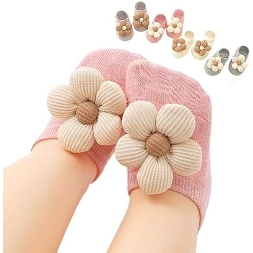 4Packs Baby Girls Socks,Flower Non-Slip Grips for Babies Toddler Princess Low Cut Ankle Socks for Girls