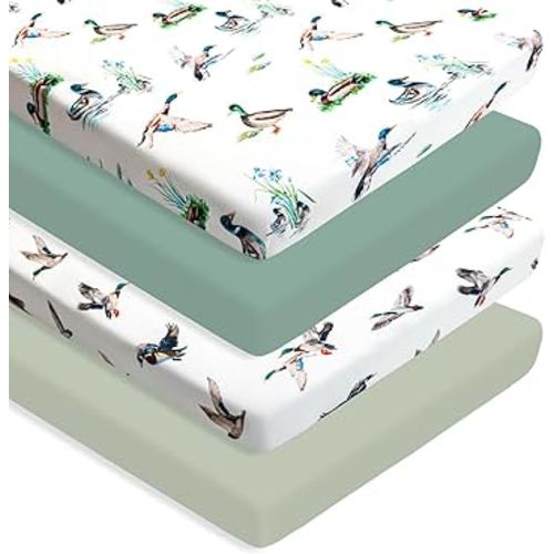 4 Pack Mallard Duck Baby Pack N Play Sheets Neutral Unisex Breathable Fitted Nursery Sheets for Baby Girl or Boys (Pack N Play Sheet)