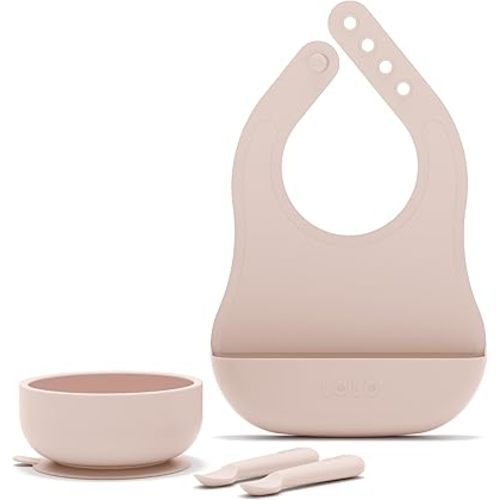 Lalo First Bites Starting Solids Silicone Baby Feeding Set with Suction Bowl, 2 Spoons and 1 Bib - 4-Piece Baby-Led Weaning Supplies - Non-Toxic Silicone Infant Tableware - Grapefruit