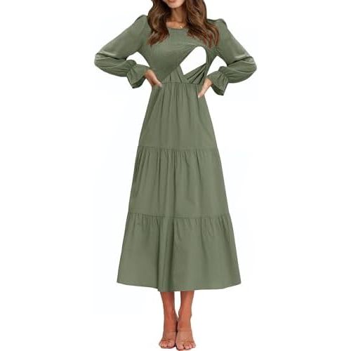 Women's Nursing Dress Flounces Long Sleeve Crew Neck Smocked Bodice Ruched Elastic Waist Tiered Midi with Pockets