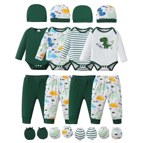 NZRVAWS Newborn Baby Boy Girl Clothes Unisex Infant Romper Pants Set Hat 4-Pack Outfits 0-12 Months 16 Pieces Toddler