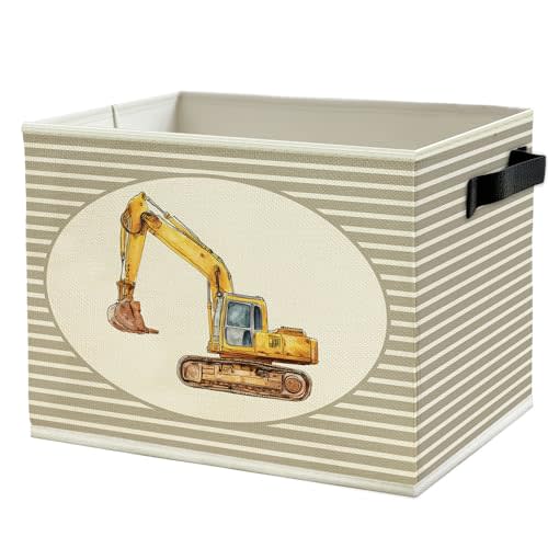 Construction Boy Nursery Storage Bins Box with Handles, Excavator Neutral Striped Kids Collapsible Basket Organizer for Kids Toddler Boys Room Bedroom Playroom Bathroom Books Clothes